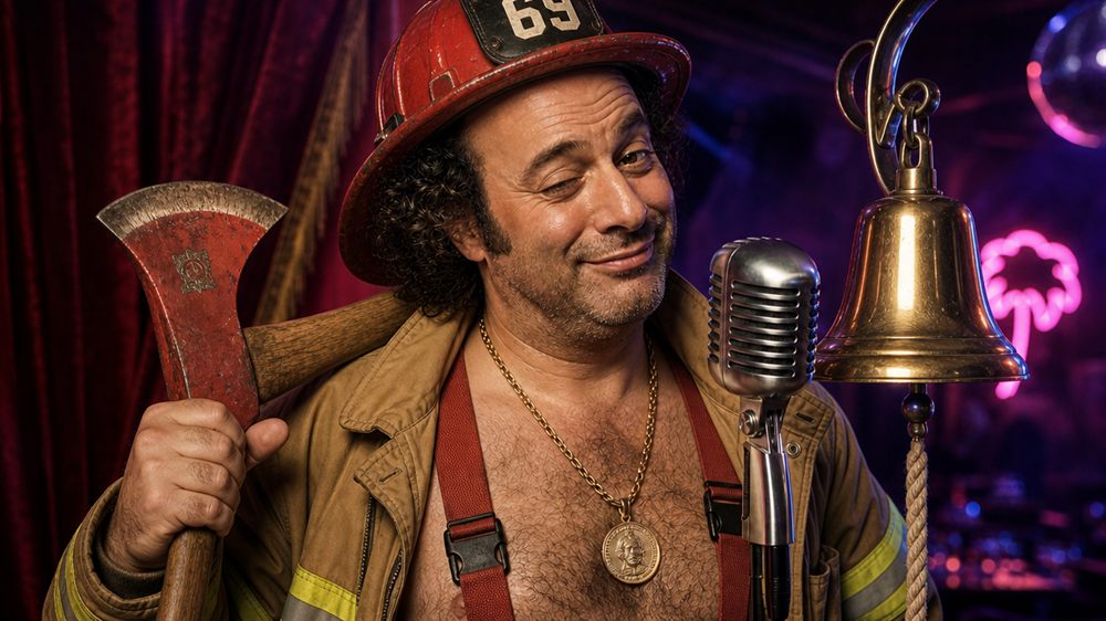 Chuck as a firefighter in a red helmet with an axe over his shoulder at his microphone