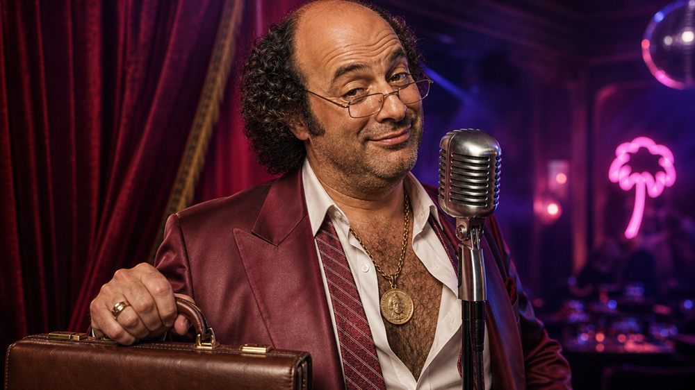 Chuck dressed as a lawyer at his microphone