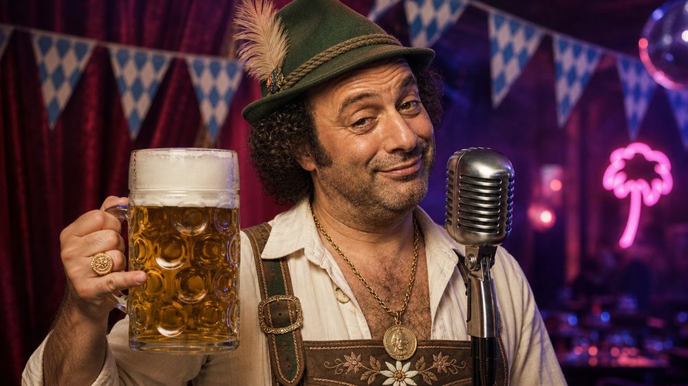 Chuck in Oktoberfest dress with a beer stein at his microphone