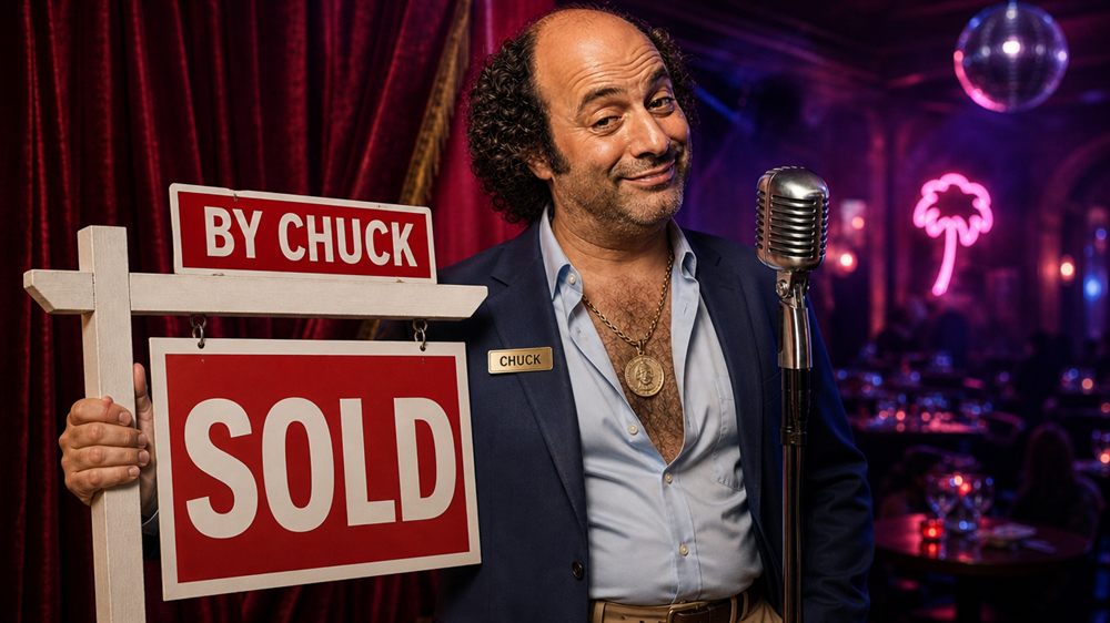 Chuck dressed as a real estate broker at his microphone