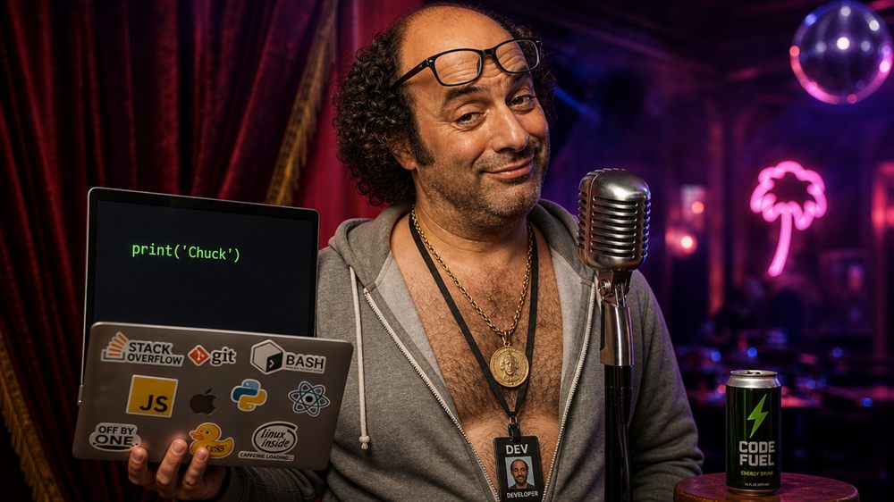 Chuck as a software developer in an open hoodie holding a sticker-covered laptop at his microphone
