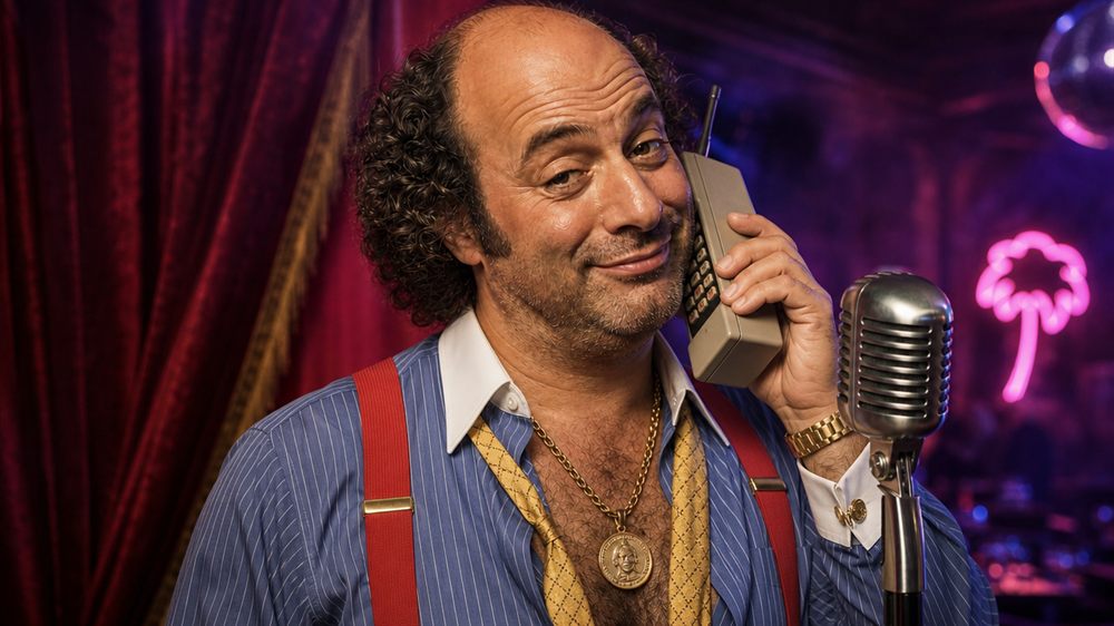 Chuck dressed as a stockbroker at his microphone